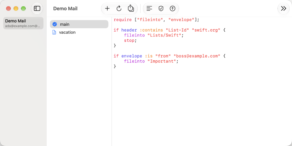 Sievesmith on the Mac: the scripts of a mail account next to the editor with syntax highlighting